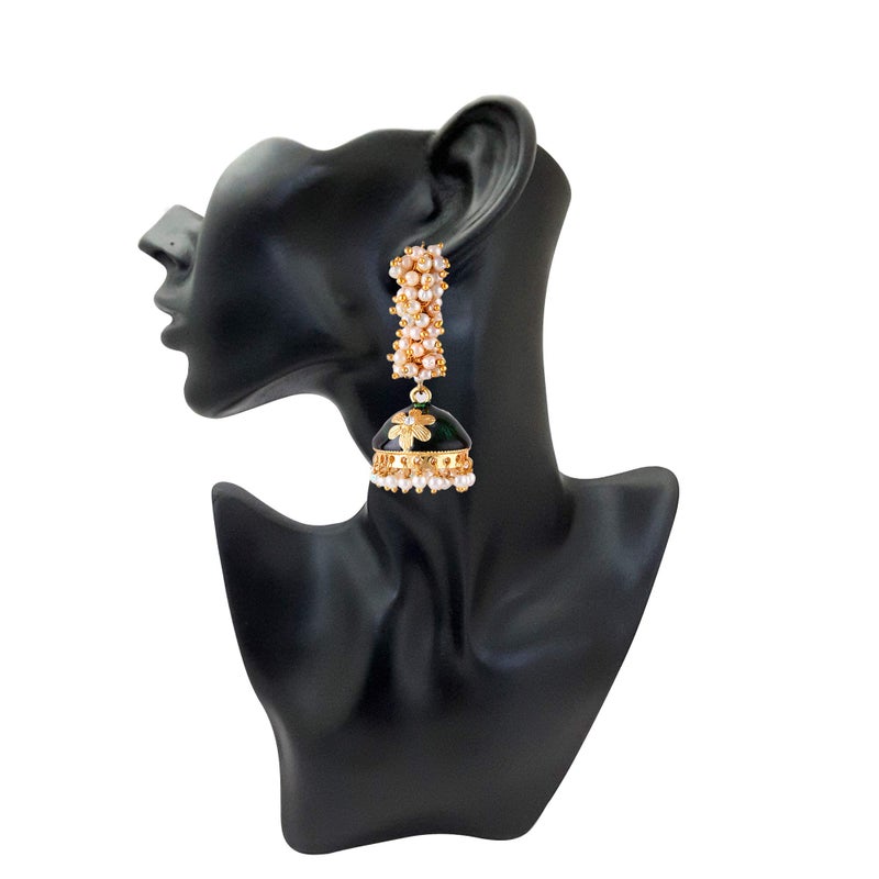 Moonstruck Golden Meenakari Jhumkas With White Pearls For Women (Green) - Image 3